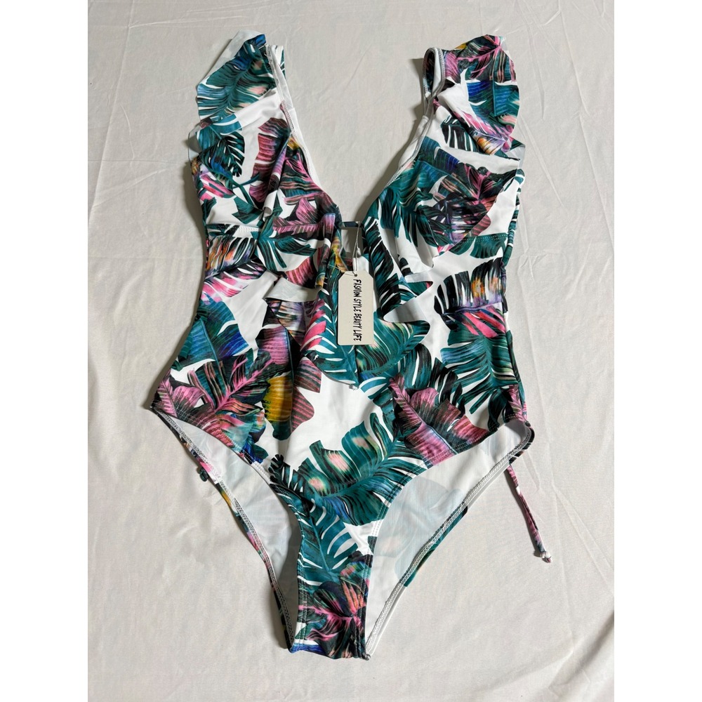 Sporlike Beauty Life Tropical Leaf Ruffle V-Neck One-Piece Swimsuit White